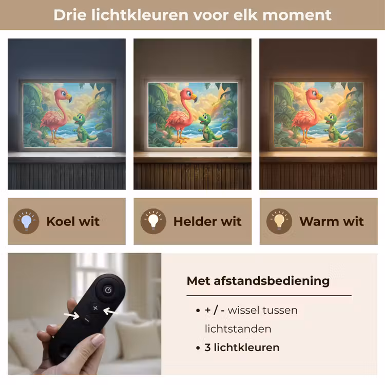 Flamingo - Dinosaurus - Strand - Kleurrijk Light Box met batterij (Wandlamp kind) middel -USP_lichtkleurNL