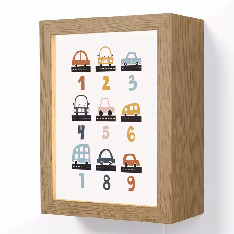 Getallen - Educatief - Leren tellen - Cijfers oefenen voor kinderen - Auto's - Voertuigen Light Box met kabel (Wandlamp kind) klein -3d