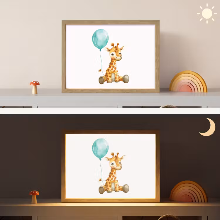 Giraf - Baby - Dieren - Blauwe ballon Light Box met batterij (Wandlamp kind) middel -sfeer3_kind