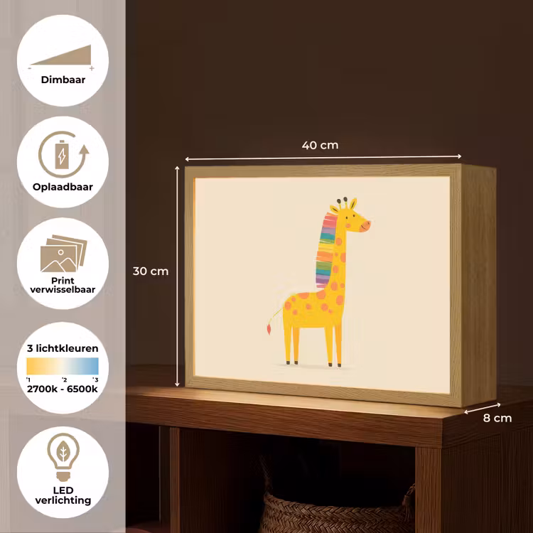 Giraffe - Regenboogmanen - Beige Light Box met batterij (Wandlamp kind) middel -USP_websiteoverzichtNL