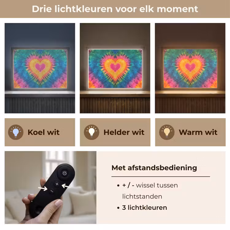 Hart - Tie Dye - Kleurrijk Light Box met batterij (Wandlamp kind) middel -USP_lichtkleurNL