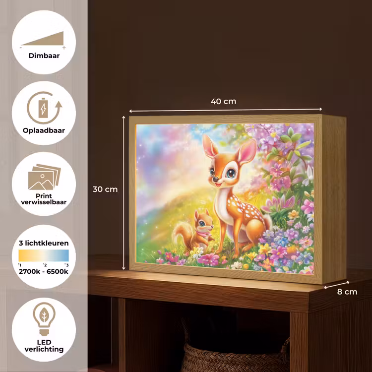 Hertje - Eekhoorn - Bloemenveld - Kleurrijk Light Box met batterij (Wandlamp kind) middel -USP_websiteoverzichtNL