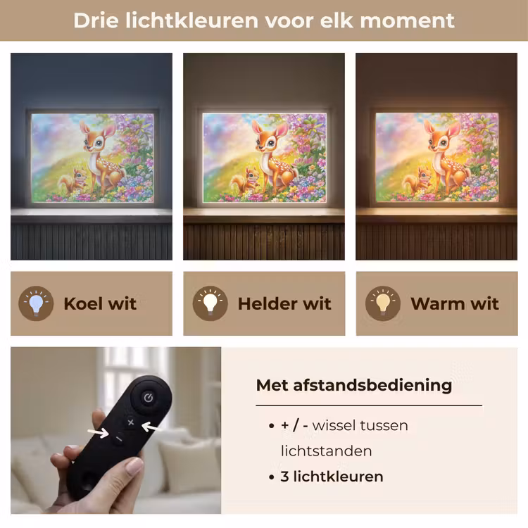 Hertje - Eekhoorn - Bloemenveld - Kleurrijk Light Box met batterij (Wandlamp kind) middel -USP_lichtkleurNL