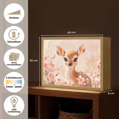 Hertje - Illustratie - Bloemen - Roze Light Box met batterij (Wandlamp kind) middel -USP_websiteoverzichtNL