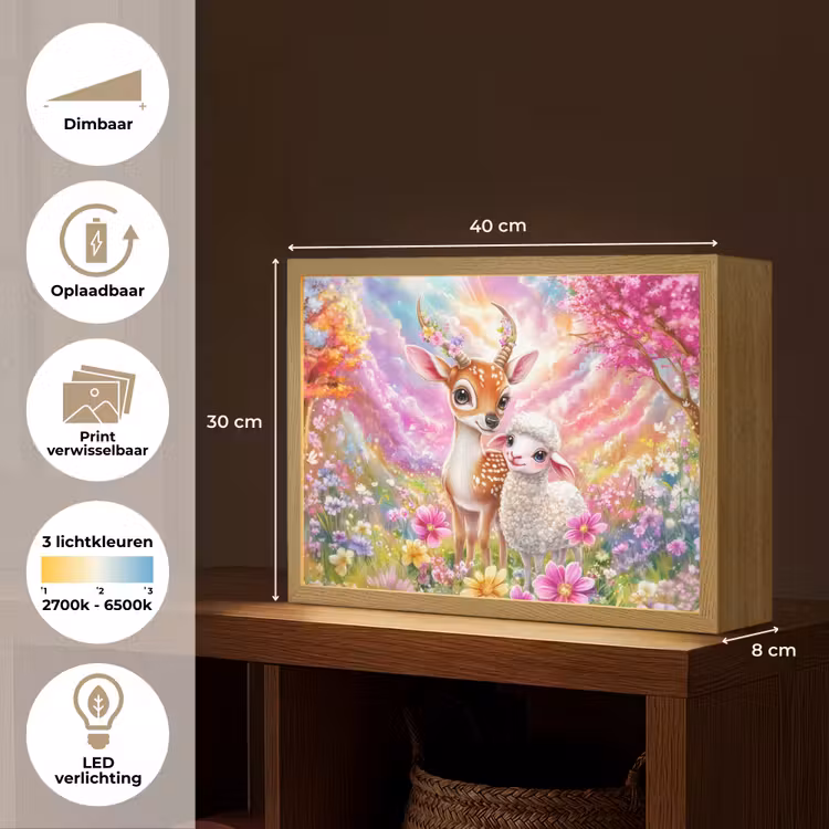 Hertje - Lammetje - Bloemen - Pastel Light Box met batterij (Wandlamp kind) middel -USP_websiteoverzichtNL