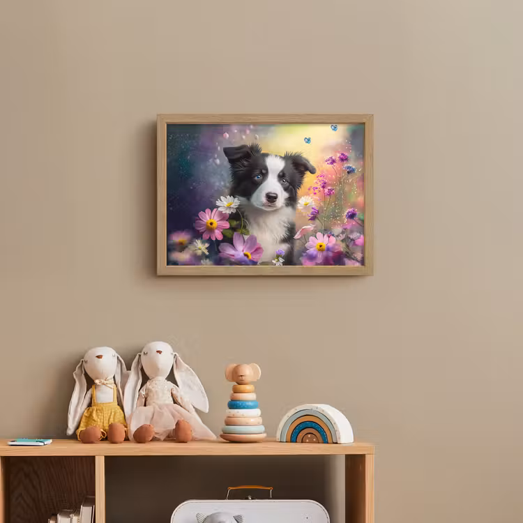 Hond - Bloemen - Natuur - Puppy - Bordercollie Light Box met batterij (Wandlamp kind) middel -sfeer2_kind