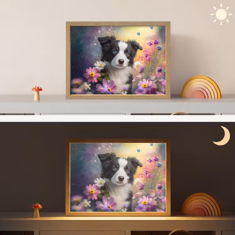 Hond - Bloemen - Natuur - Puppy - Bordercollie Light Box met batterij (Wandlamp kind) middel -sfeer3_kind