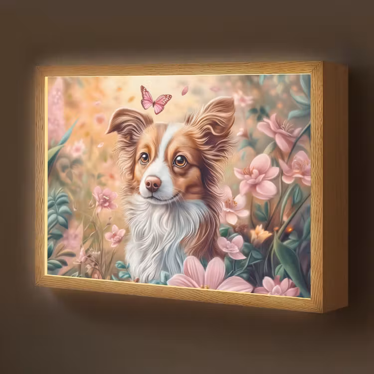 Hond - Bloemen - Roze Light Box met batterij (Wandlamp kind) middel -z3d_website