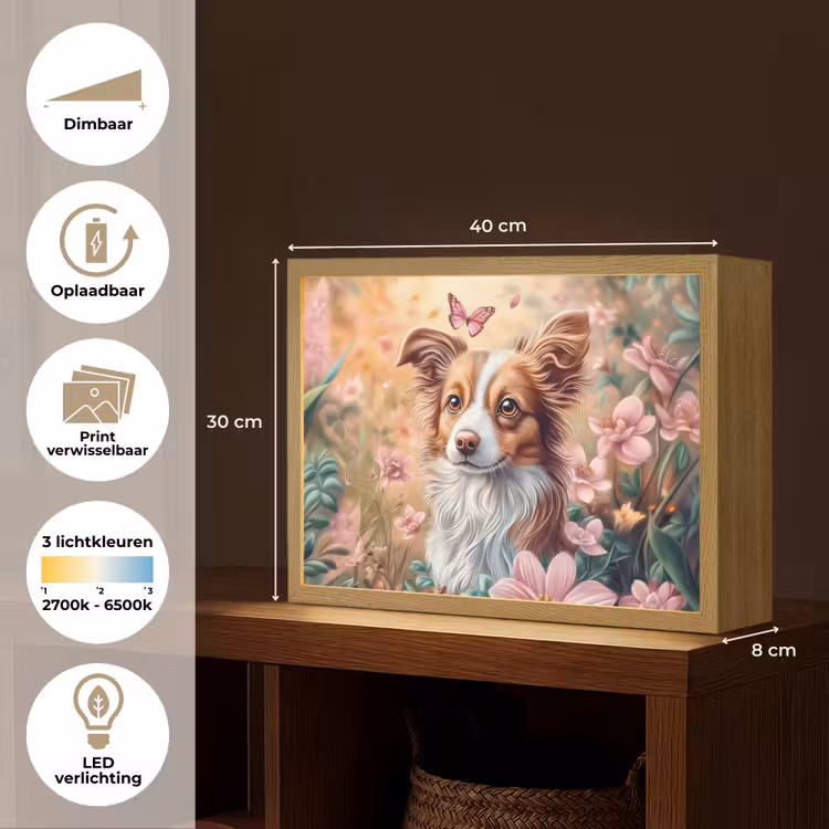 Hond - Bloemen - Roze Light Box met batterij (Wandlamp kind) middel -USP_websiteoverzichtNL