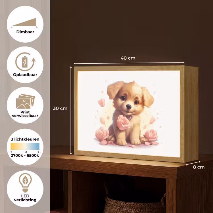 Hond - Bloemen - Roze - Meisjes - Kind Light Box met batterij (Wandlamp kind) middel -USP_websiteoverzichtNL