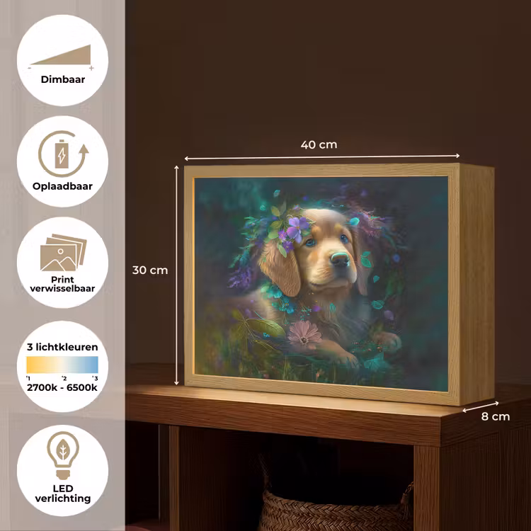 Hond - Puppy - Bloemen - Natuur - Golden retriever Light Box met batterij (Wandlamp kind) middel -USP_websiteoverzichtNL
