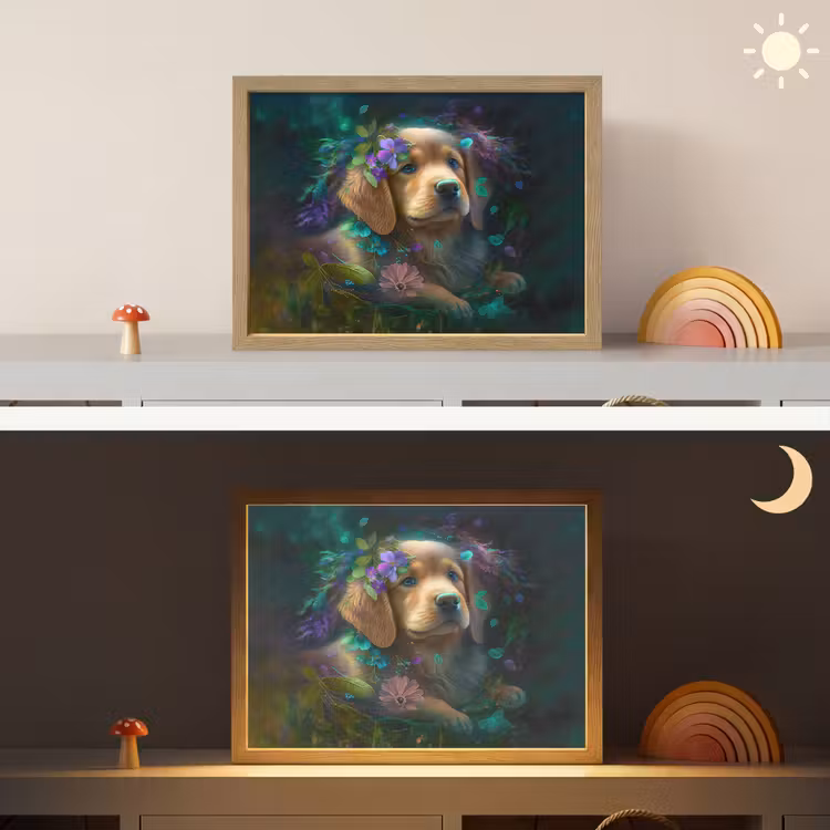 Hond - Puppy - Bloemen - Natuur - Golden retriever Light Box met batterij (Wandlamp kind) middel -sfeer3_kind