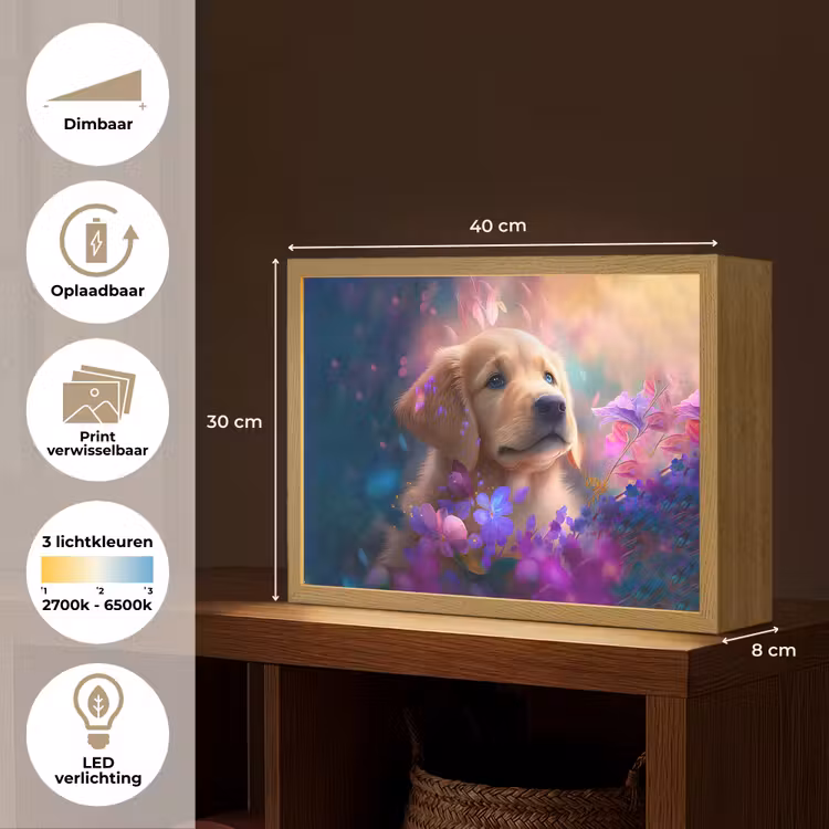Hond - Puppy - Zon - Bloemen - Golden retriever Light Box met batterij (Wandlamp kind) middel -USP_websiteoverzichtNL