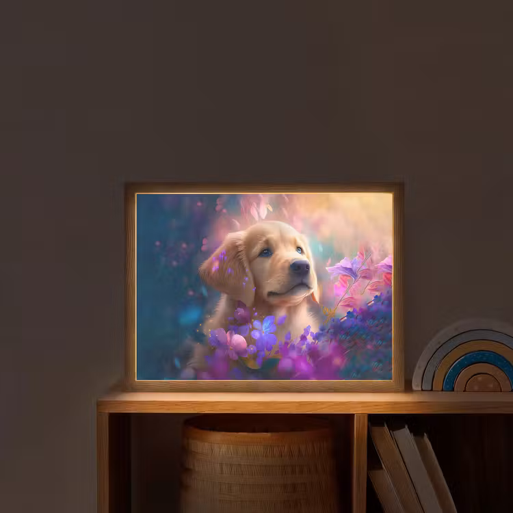 Hond - Puppy - Zon - Bloemen - Golden retriever Light Box met batterij (Wandlamp kind) middel -sfeer1_kind