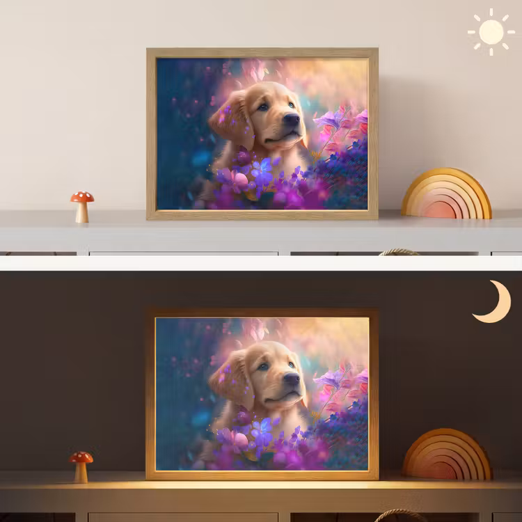 Hond - Puppy - Zon - Bloemen - Golden retriever Light Box met batterij (Wandlamp kind) middel -sfeer3_kind