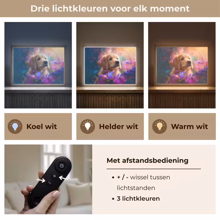 Hond - Puppy - Zon - Bloemen - Golden retriever Light Box met batterij (Wandlamp kind) middel -USP_lichtkleurNL