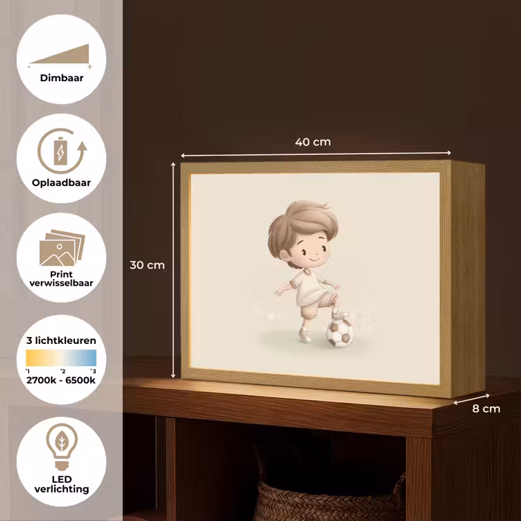 Jongen - Voetbal - Bruin - Minimalistisch Light Box met batterij (Wandlamp kind) middel -USP_websiteoverzichtNL