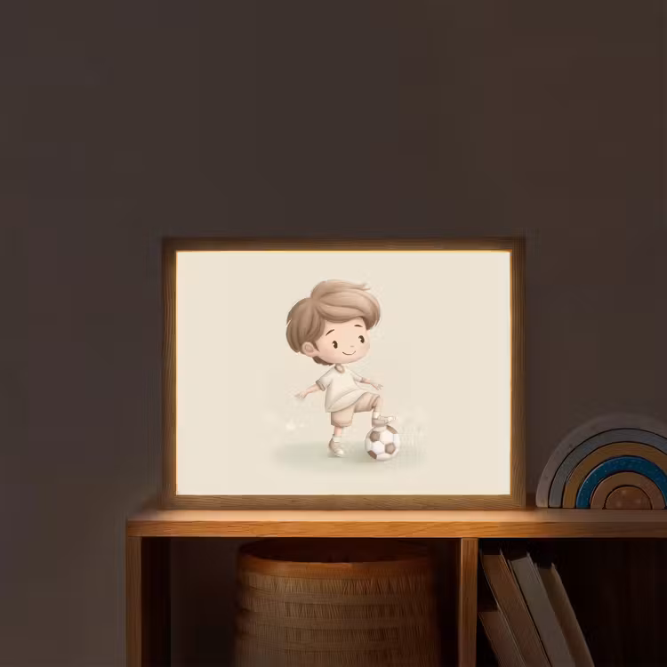 Jongen - Voetbal - Bruin - Minimalistisch Light Box met batterij (Wandlamp kind) middel -sfeer1_kind