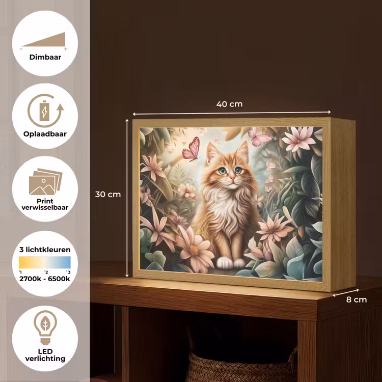 Kat - Bloemen - Vlinders - Roze Light Box met batterij (Wandlamp kind) middel -USP_websiteoverzichtNL