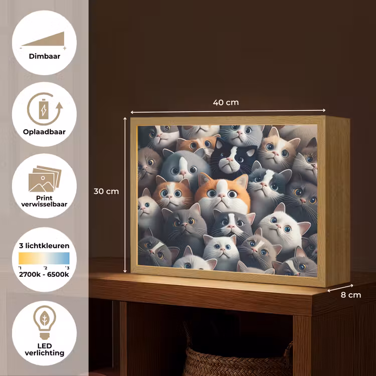 Kat - Dieren - Poes - Grijs - Patronen - Kind Light Box met batterij (Wandlamp kind) middel -USP_websiteoverzichtNL