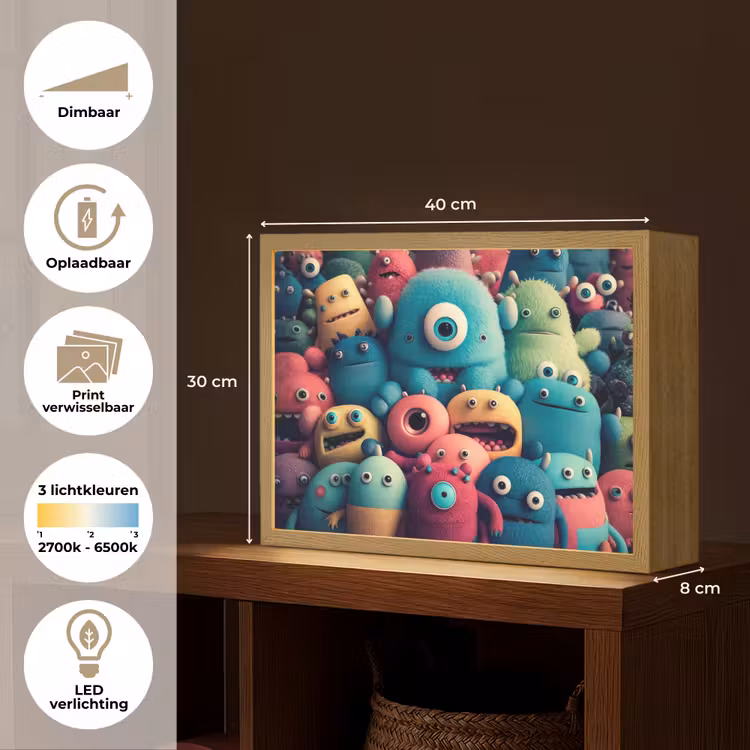Kids - Monster - Regenboog - Design - Meiden - Jongens Light Box met batterij (Wandlamp kind) middel -USP_websiteoverzichtNL