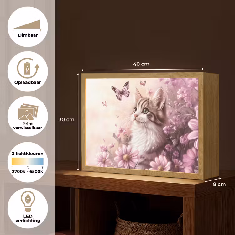 Kitten - Bloemen - Vlinders - Paars Light Box met batterij (Wandlamp kind) middel -USP_websiteoverzichtNL