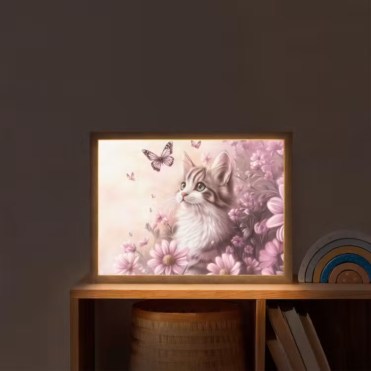 Kitten - Bloemen - Vlinders - Paars Light Box met batterij (Wandlamp kind) middel -sfeer1_kind