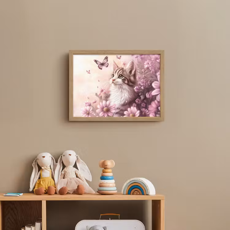 Kitten - Bloemen - Vlinders - Paars Light Box met batterij (Wandlamp kind) middel -sfeer2_kind