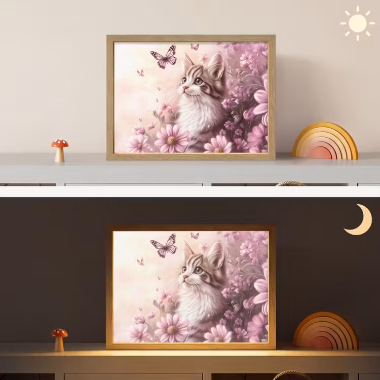 Kitten - Bloemen - Vlinders - Paars Light Box met batterij (Wandlamp kind) middel -sfeer3_kind