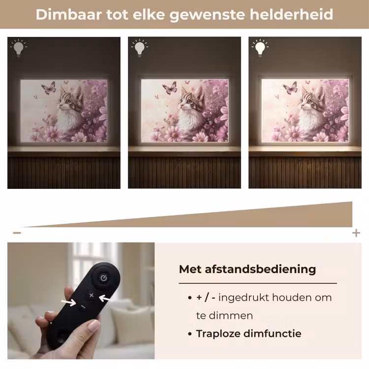Kitten - Bloemen - Vlinders - Paars Light Box met batterij (Wandlamp kind) middel -USP_dimbaarNL