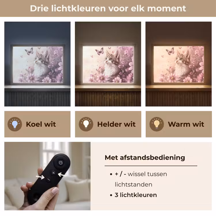 Kitten - Bloemen - Vlinders - Paars Light Box met batterij (Wandlamp kind) middel -USP_lichtkleurNL