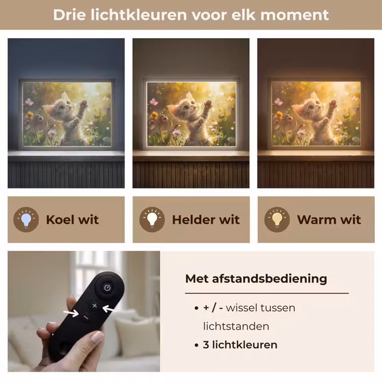 Kitten - Dier - Natuur - Bloemen Light Box met batterij (Wandlamp kind) middel -USP_lichtkleurNL