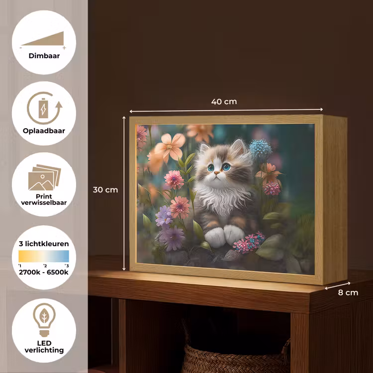 Kitten - Illustratie - Bloemen - Natuur - Kat Light Box met batterij (Wandlamp kind) middel -USP_websiteoverzichtNL