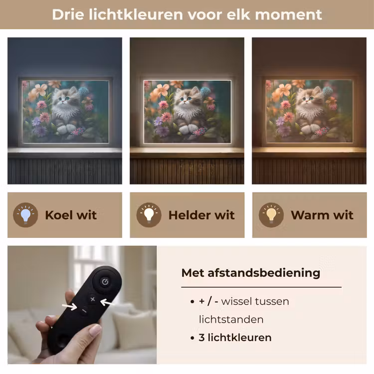Kitten - Illustratie - Bloemen - Natuur - Kat Light Box met batterij (Wandlamp kind) middel -USP_lichtkleurNL