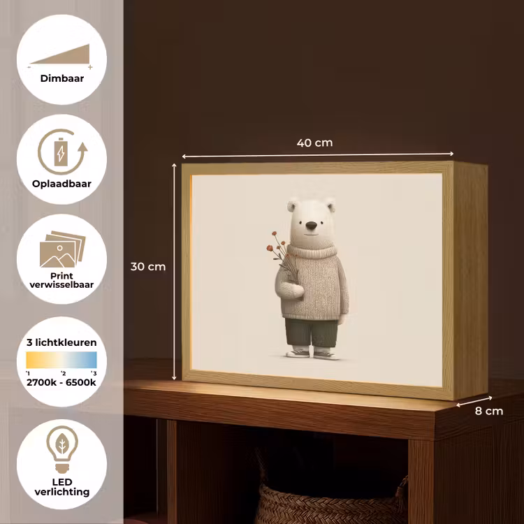 Knuffelbeer - Oranje bloemen - Vriendelijk Light Box met batterij (Wandlamp kind) middel -USP_websiteoverzichtNL