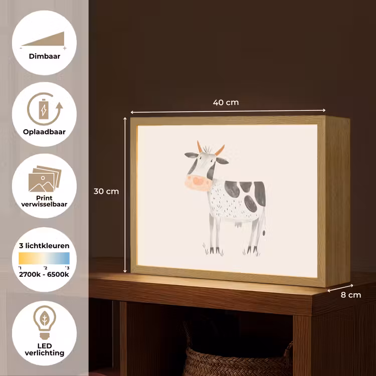 Koe - Boerderij dier - Dieren - Pastel kleuren Light Box met batterij (Wandlamp kind) middel -USP_websiteoverzichtNL