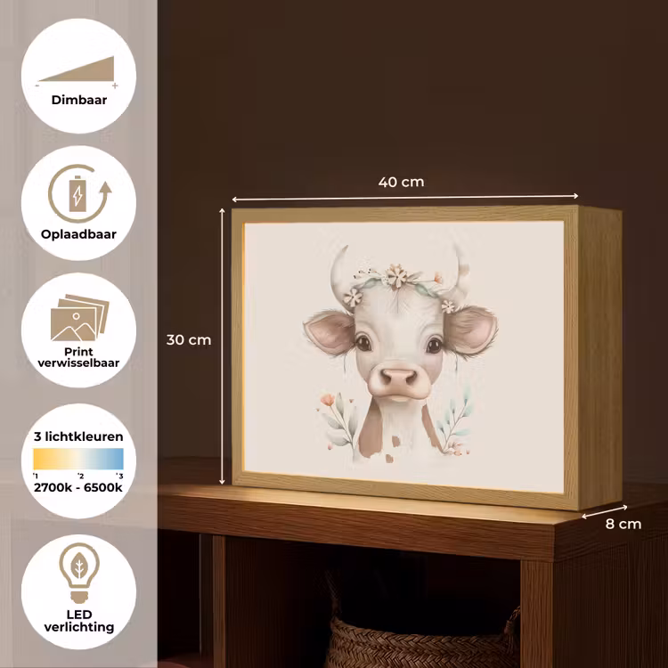 Koe - Bohemian - Kalfje - Bloemen Light Box met batterij (Wandlamp kind) middel -USP_websiteoverzichtNL
