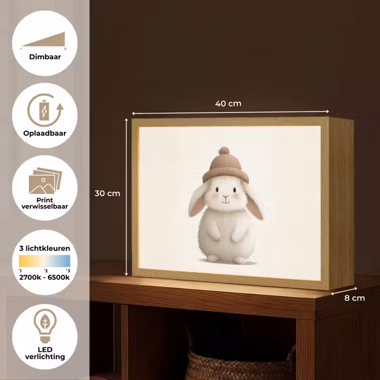 Konijn - Muts - Oren - Beige Light Box met batterij (Wandlamp kind) middel -USP_websiteoverzichtNL