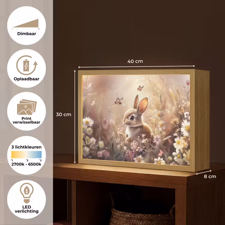 Konijntje - Bruin - Bloemen - Vlinders Light Box met batterij (Wandlamp kind) middel -USP_websiteoverzichtNL