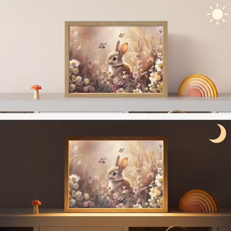 Konijntje - Bruin - Bloemen - Vlinders Light Box met batterij (Wandlamp kind) middel -sfeer3_kind