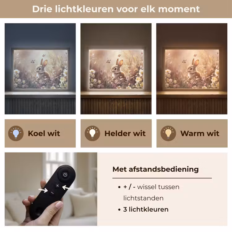 Konijntje - Bruin - Bloemen - Vlinders Light Box met batterij (Wandlamp kind) middel -USP_lichtkleurNL