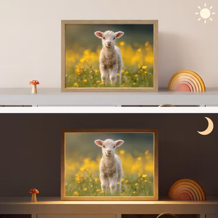 Lammetje - Gras - Bloemen - Geel Light Box met batterij (Wandlamp kind) middel -sfeer3_kind