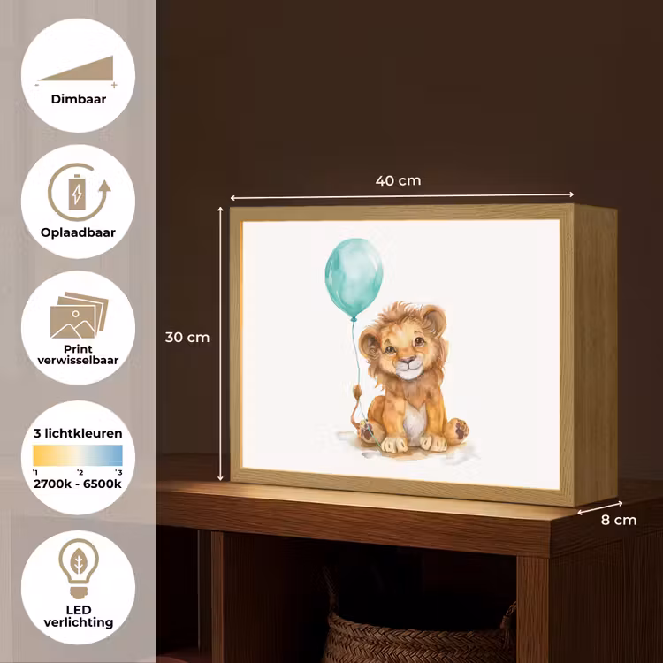 Leeuw - Baby dier - Blauwe ballon Light Box met batterij (Wandlamp kind) middel -USP_websiteoverzichtNL