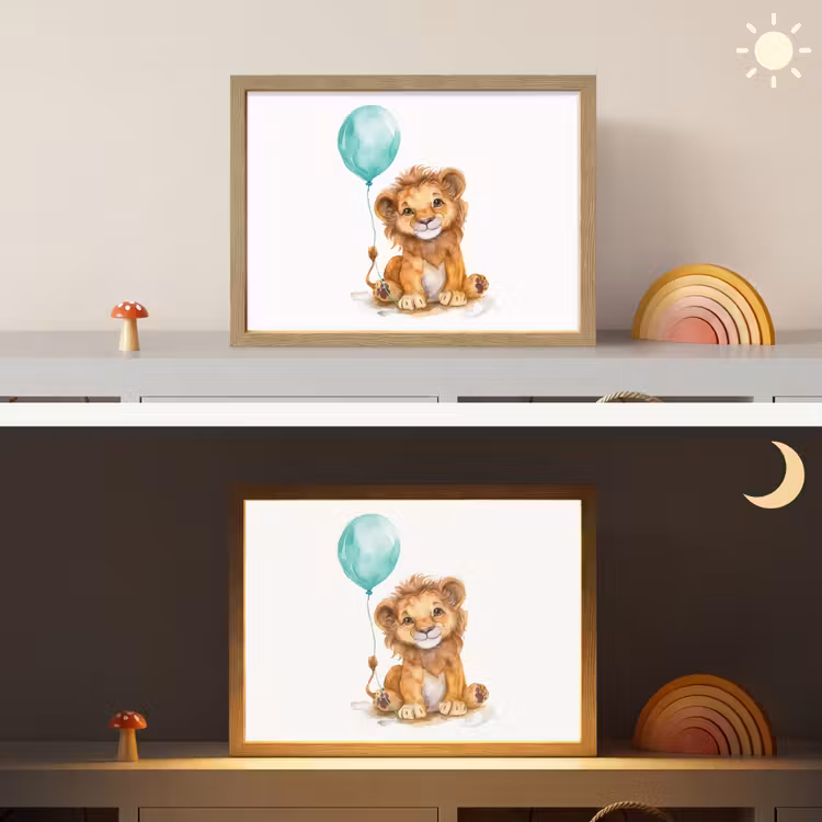 Leeuw - Baby dier - Blauwe ballon Light Box met batterij (Wandlamp kind) middel -sfeer3_kind