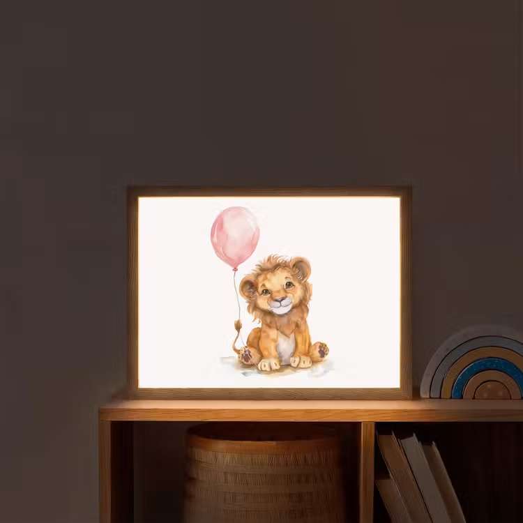 Leeuw - Baby dier - Dieren - Roze ballon Light Box met batterij (Wandlamp kind) middel -sfeer1_kind