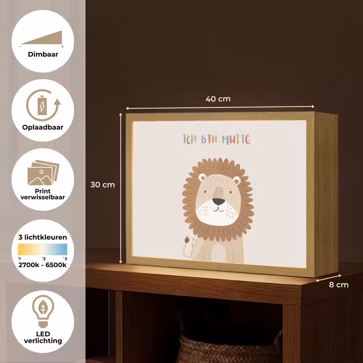 Leeuw - Beige - Dier - Moedig - Quote Light Box met batterij (Wandlamp kind) middel -USP_websiteoverzichtNL