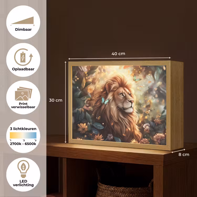 Leeuw - Dieren - Bloemen - Jungle Light Box met batterij (Wandlamp kind) middel -USP_websiteoverzichtNL