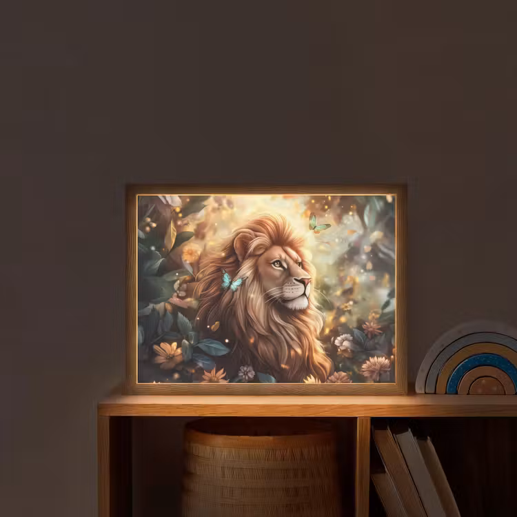 Leeuw - Dieren - Bloemen - Jungle Light Box met batterij (Wandlamp kind) middel -sfeer1_kind