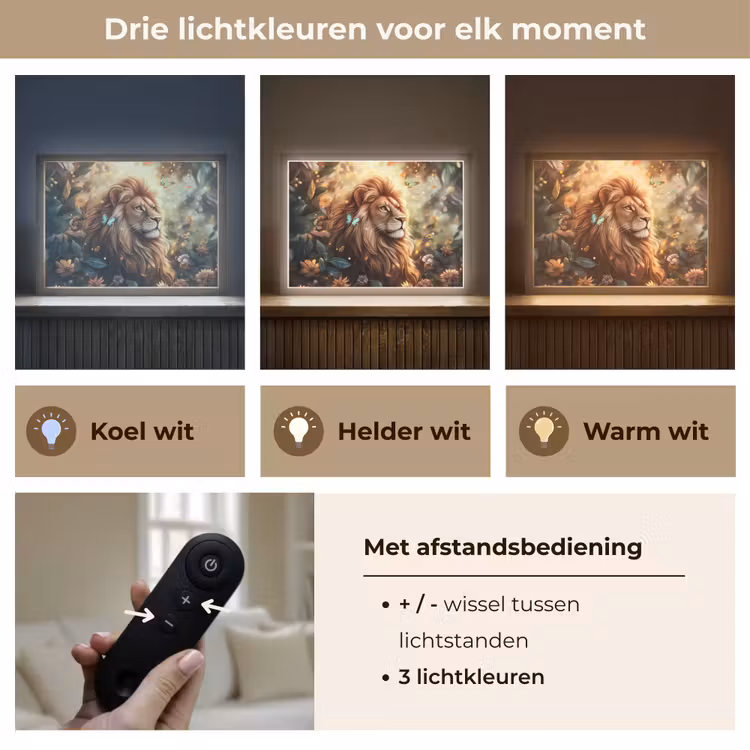 Leeuw - Dieren - Bloemen - Jungle Light Box met batterij (Wandlamp kind) middel -USP_lichtkleurNL