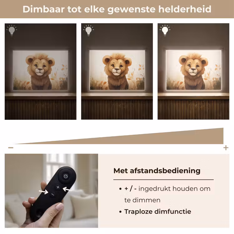 Leeuw - Dieren - Kinderen - Bruin - Meisje Light Box met batterij (Wandlamp kind) middel -USP_dimbaarNL